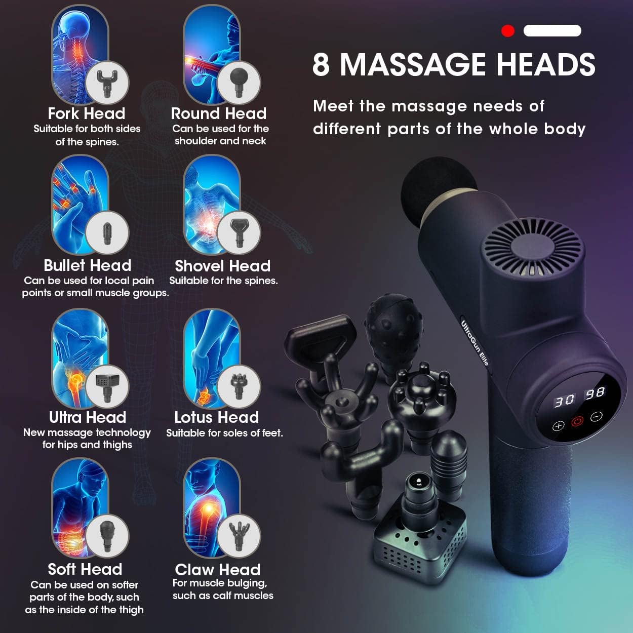 Massage Gun Deep Tissue Massager, Handheld Percussion Massager with 8 Different Massage Heads 30 Speeds, Featuring Heating and Cooling Tech.