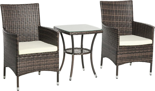 Outsunny Garden Outdoor Rattan Furniture Bistro Set 3 PCs Patio Weave Companion Chair Table Set Conservatory (Brown)