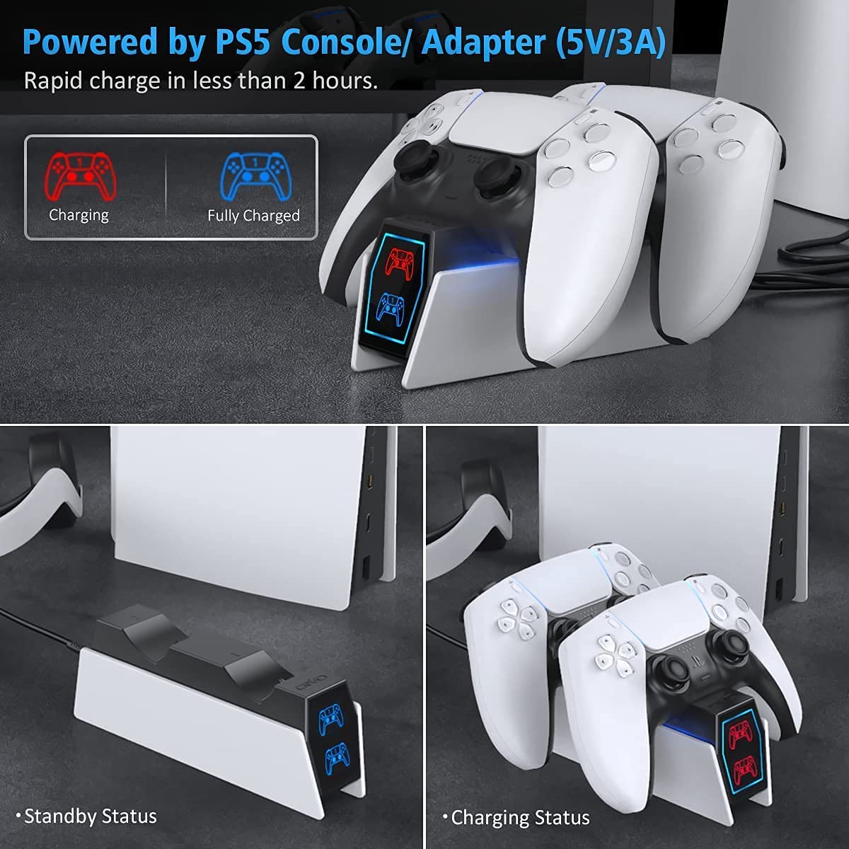 OIVO PS5 Charging Station, OIVO 2H Fast PS5 Controller Charger for Playstation 5 Dualsense Controller, Upgrade PS5 Charging Dock with 2 Types of Cable, PS5 Charger for Dual PS5 Controller, USB