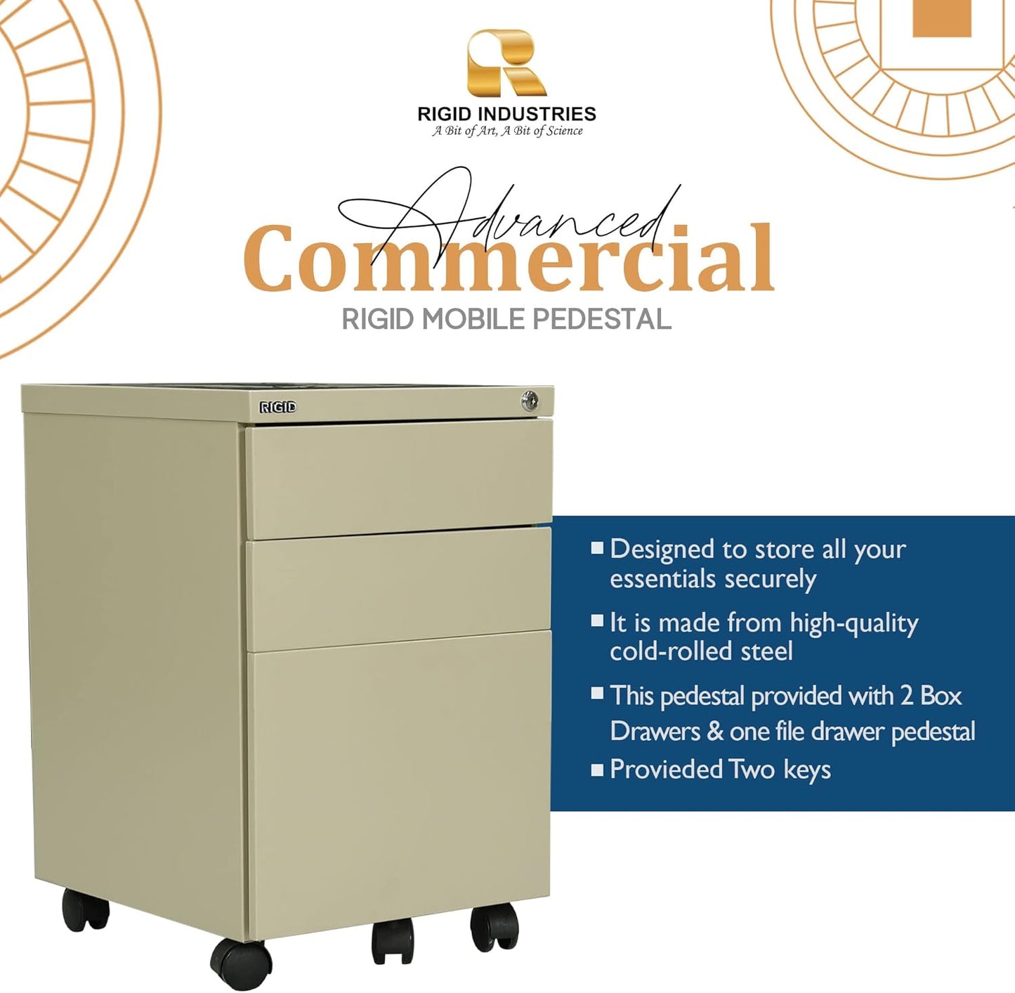 RIGID Steel Mobile Pedestal 2 Box Drawers & one file drawer pedestal Unit Modern & Sleek Office Furniture (Beige)