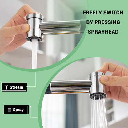 DAYONE Chrome Kitchen Faucet with Pull Down Sprayer, Single Handle Kitchen Mixer with 3 Water Modes Stainless Steel Kitchen Taps