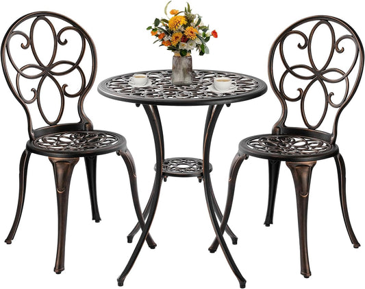 PATIO-IN 3 Piece Patio Bistro Set Cast Aluminum Bistro Table and Chairs Set of 2