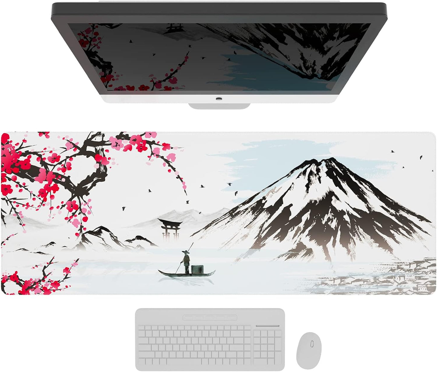 Ovenbird Extended Gaming Computer Mouse Pad, Large Pink Mouse Pad for Desk, Cute Anime Japanese Cherry Blossom Desk Pad for Keyboard and Mouse, White, 31.5 x 11.8 x 0.12 inches