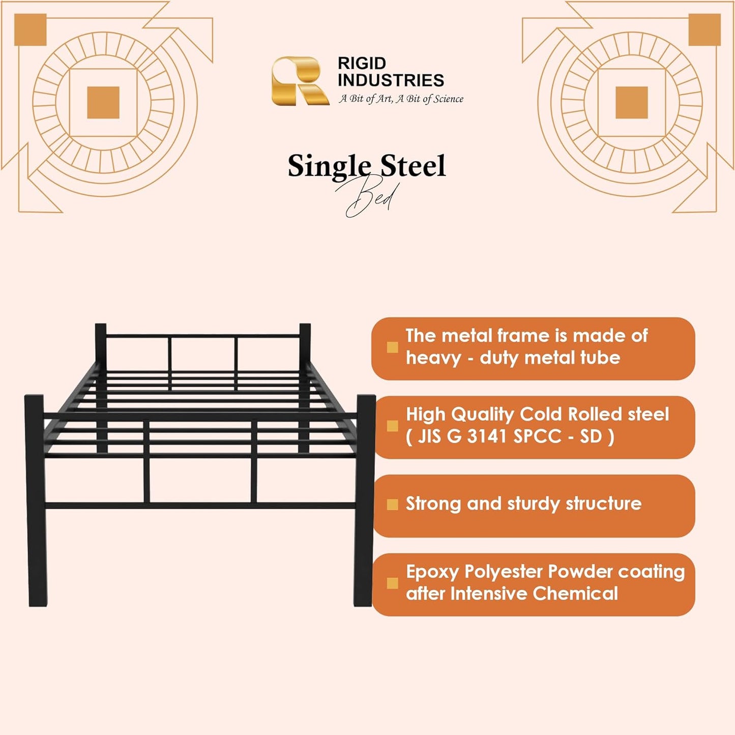 RIGID Steel Bed With Heavy Duty Metal Platform (Single Bed, Black)