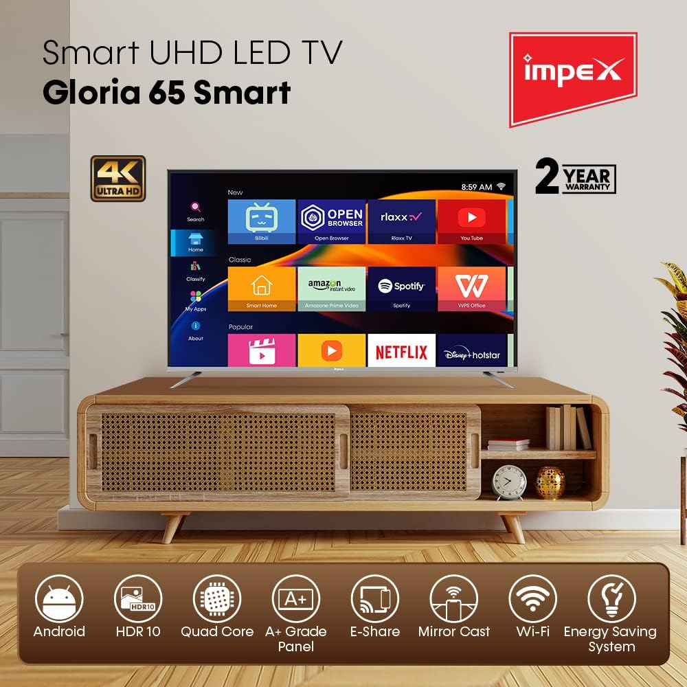 Impex 65" UHD Smart LED TV - Android 9.0, Quad Core Processor, A+ Grade Panel, 4K Ultra HD, E-Share, 2-Year Warranty - HDMI, USB, WiFi, Wall Mount, Super Slim, Smart Energy Saving