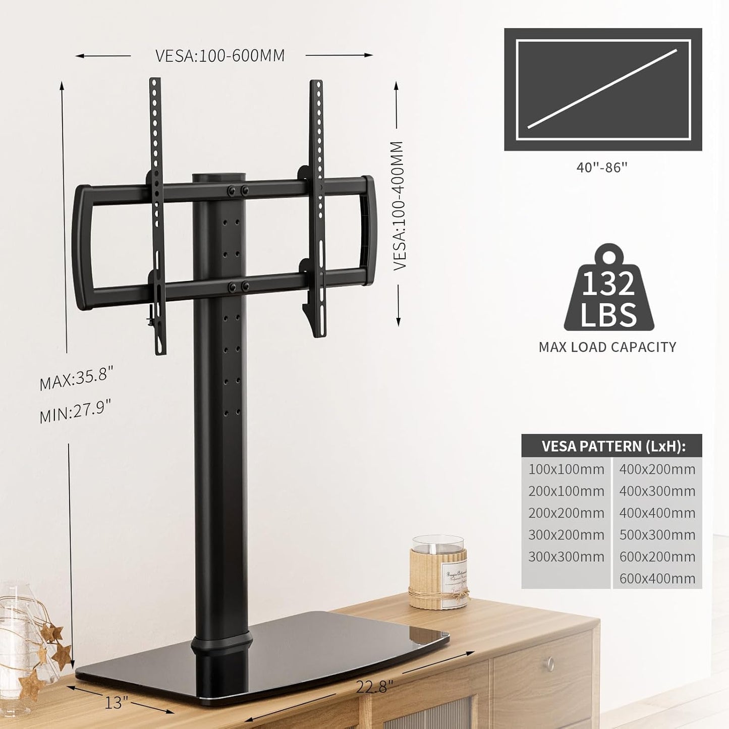 Hemudu Universal Swivel TV Stand/Base Table Top TV Stand for 13 to 32 inch TVs with 100 Degree Swivel, 4 Level Height Adjustable, Heavy Duty Tempered Glass Base, Holds up to 35kg HT07B-001P