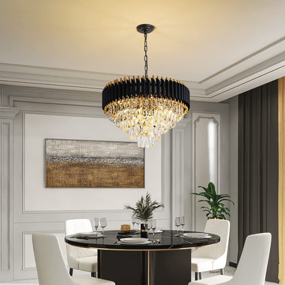 Modern Crystal Chandeliers Gold Black Crystal Chandeliers 3-Tier Round Crystal Chandelier Ceiling Light Fixture Crystal Pendant Light Fixture for Dining Room Living Room Bedroom Foyer Hallway W15.7"