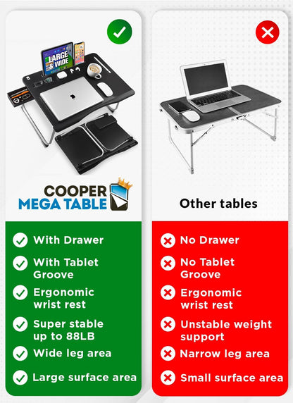 Cooper Mega Table Plus - Premium XXL 65 x 49 cm Extra Large Lap Desk w/Book Stand | Multifunctional Folding Laptop Stand for Bed, Laptop Desk for Bed, Laptop Bed Tray, Floor Desk (Black Onyx)