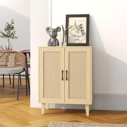 Panana Buffet Cabinet Sideboard with Rattan Decorated Doors Kitchen Storage Cupboard Accent Cabinet (White)