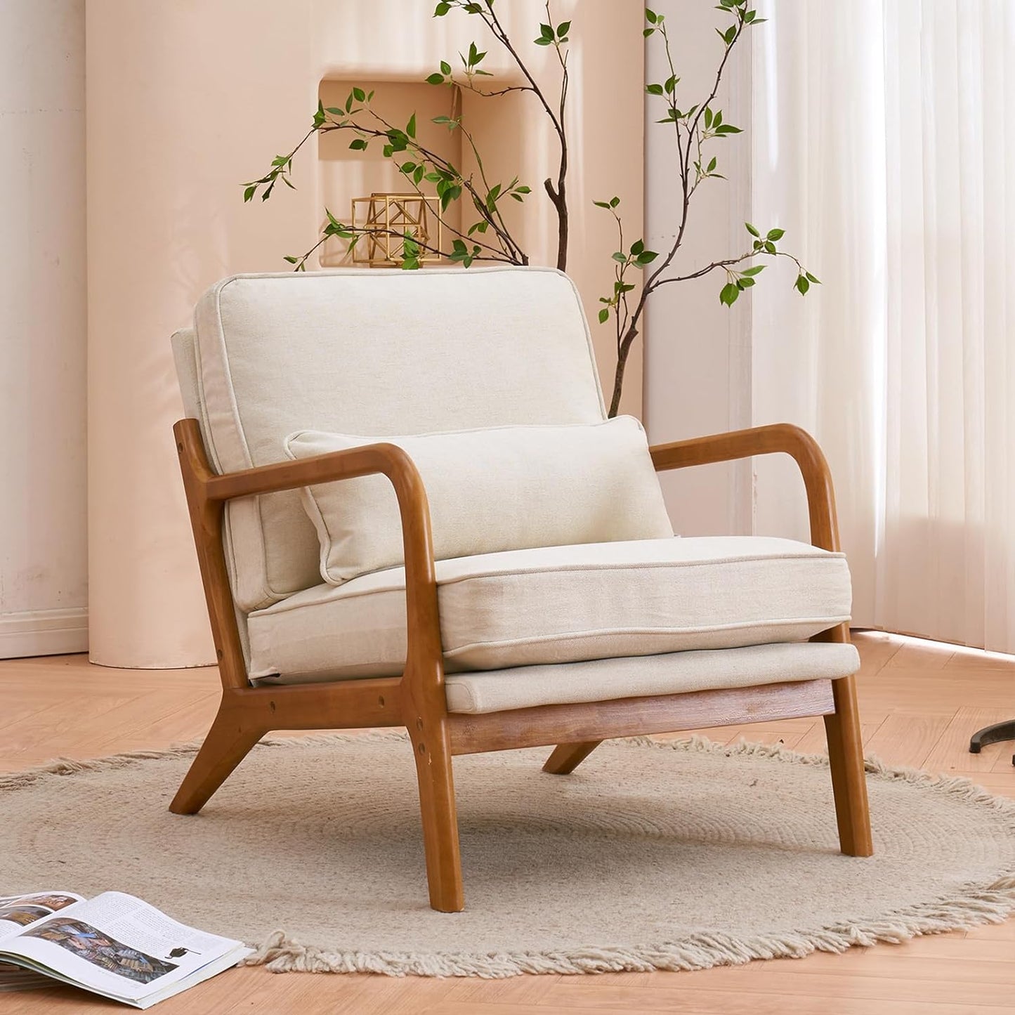 Anewome Mid Century Modern Accent Chair with Wood Frame Upholstered Lounge Linen Fabric Armchair Comfy Reading Leisure Chair with Cushion for Living Room Bedroom Balcony, Beige