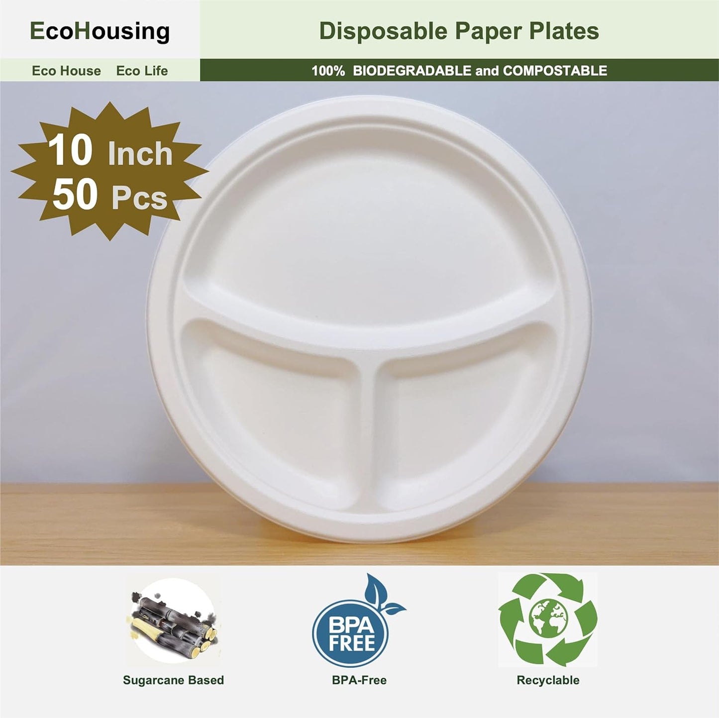 EcoHousing [10 Inch, 50 Pieces] 3-Compartment Disposable Plates, Nature Compostable Dinner Plates, Hot or Cold Use, Strong and Large, Microwavable, Eco-Friendly