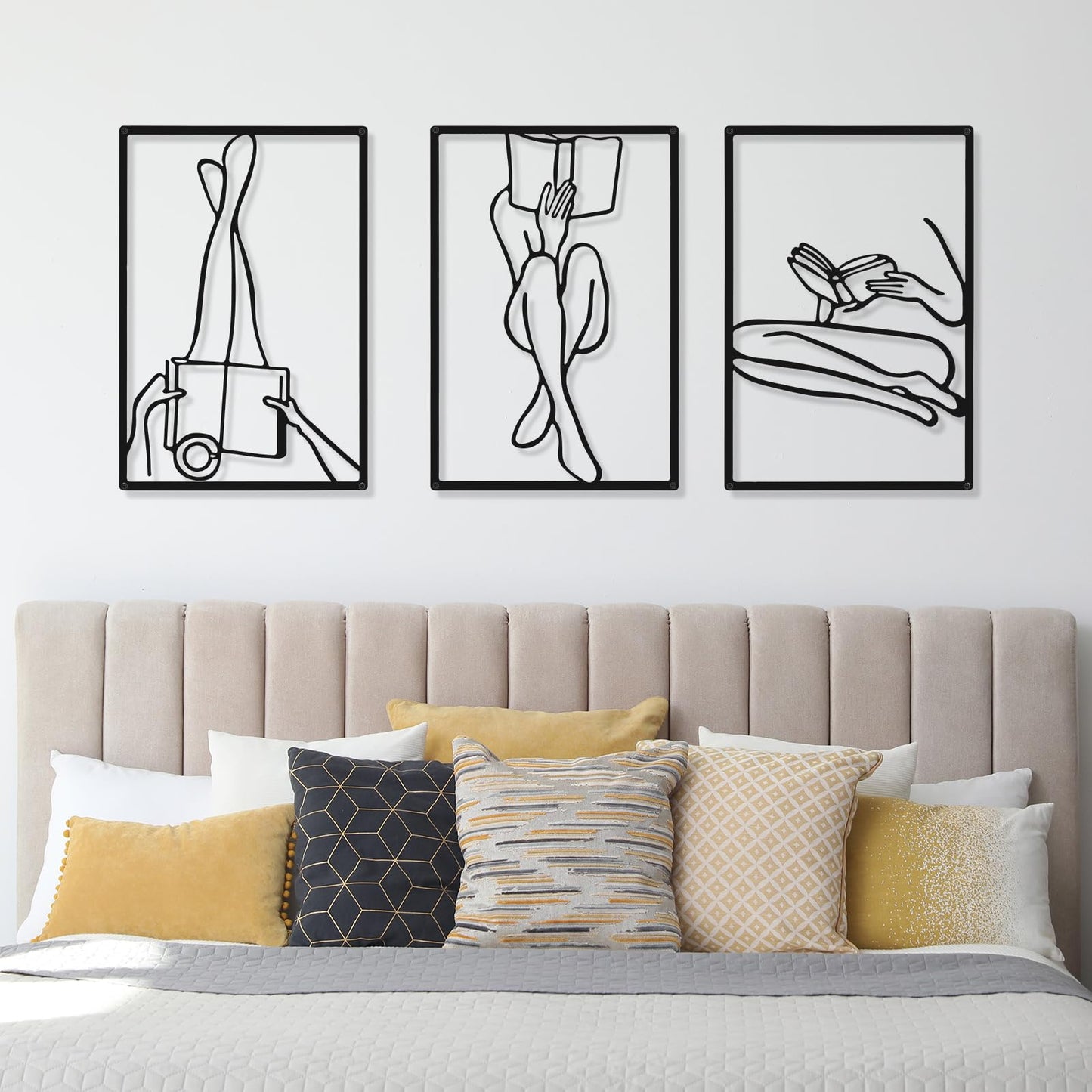 CHENGU 3 Pieces Metal Minimalist Abstract Woman Wall Art Line Drawing Wall Art Decor Single Line Female Home Hanging Wall Art Decor for Kitchen Bathroom Living Room (Black, Hand)