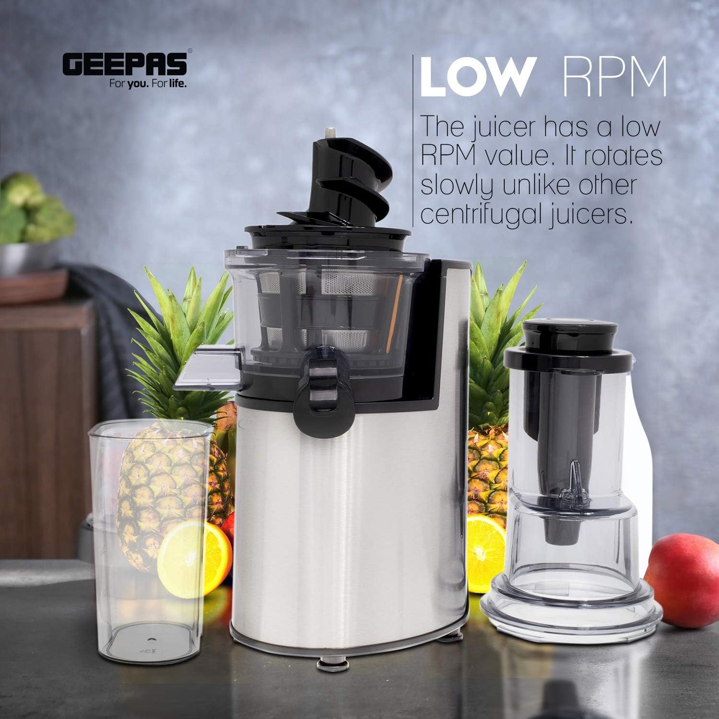 Geepas Gsj44019Uk 200W Masticating Slow Juicer Machine Cold Press Juicer, 80 mm Big Wide Mouth, Creates Fresh Healthy, High Nutrient Vegetable & Fruit Juice Quiet Motor Reverse Function, White