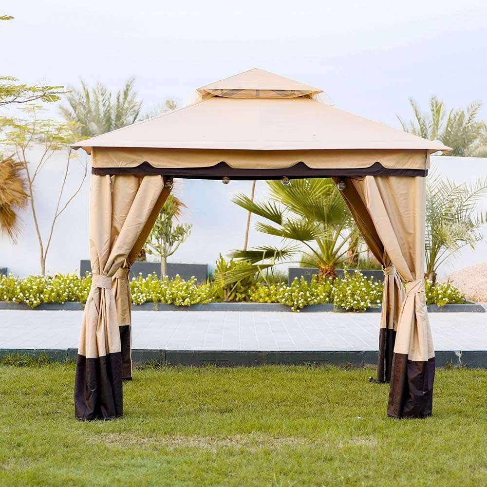 Danube Home Delight Gazebo Steel Frame With Polyester Roof | Square Shape Tent With Curtain | Water And Uv Resistant Garden Patio Canopy | Modern Outdoor Furniture 2.7X2.7M - Beige