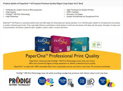 PaperOne™ All Purpose Premium Copy Paper, 80 GSM, A4 Size, 5 reams per Carton Box