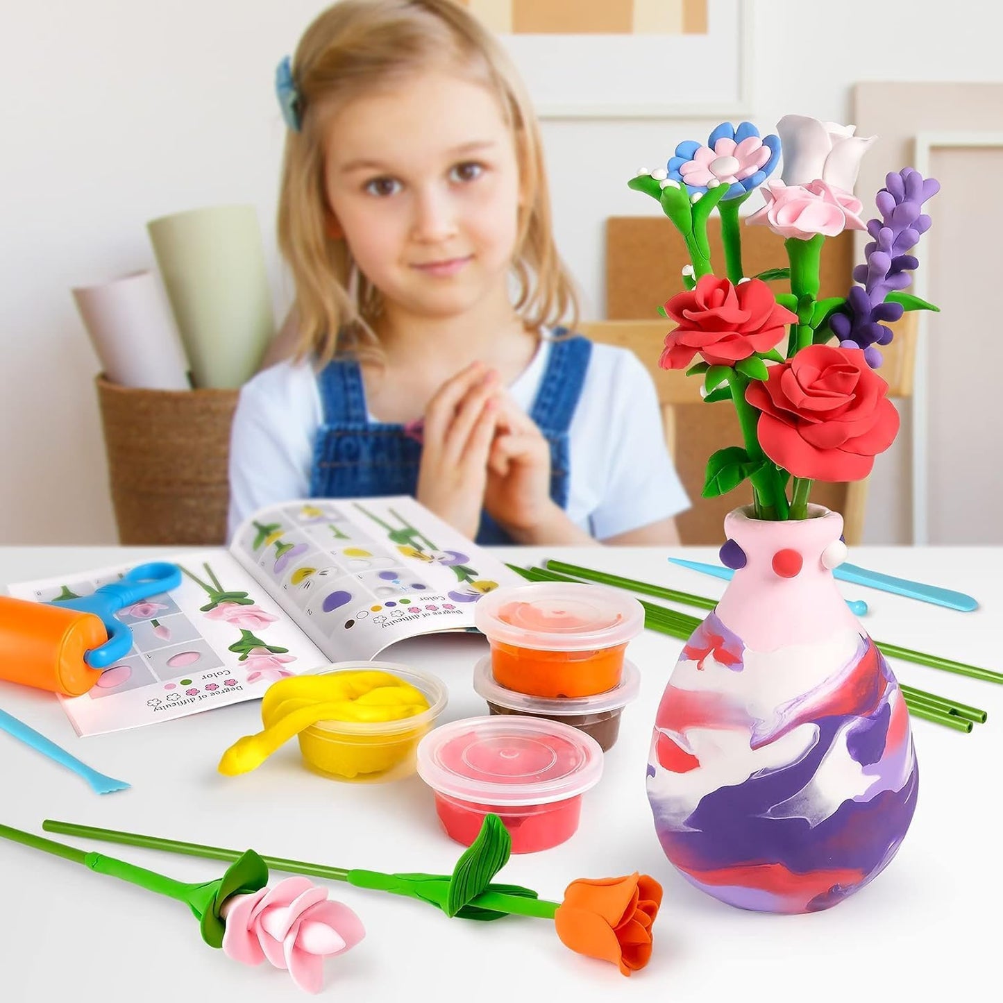 4USTORE Dinosaur Craft Kit for Kids, Make Your Own Flower Bouquet with Air Dry Clay, Arrange Clay Flowers & Create Personalized Art, Great Gifts for Girls