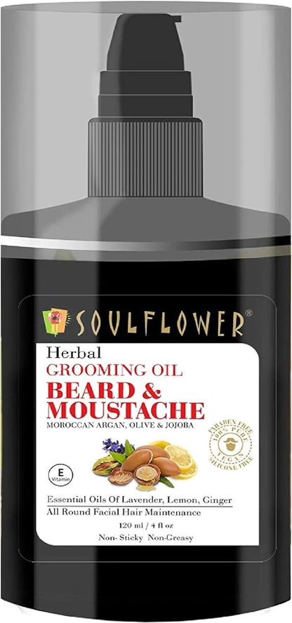 Soulflower Beard Moustache Oil for Men Facial Hair, Softens & Grooming Beard & Moustache with 100% Pure & Organic Essential Oils Lavender, Lemon, Ginger, Best Gift For Fathers' Day, 4 Fl Oz