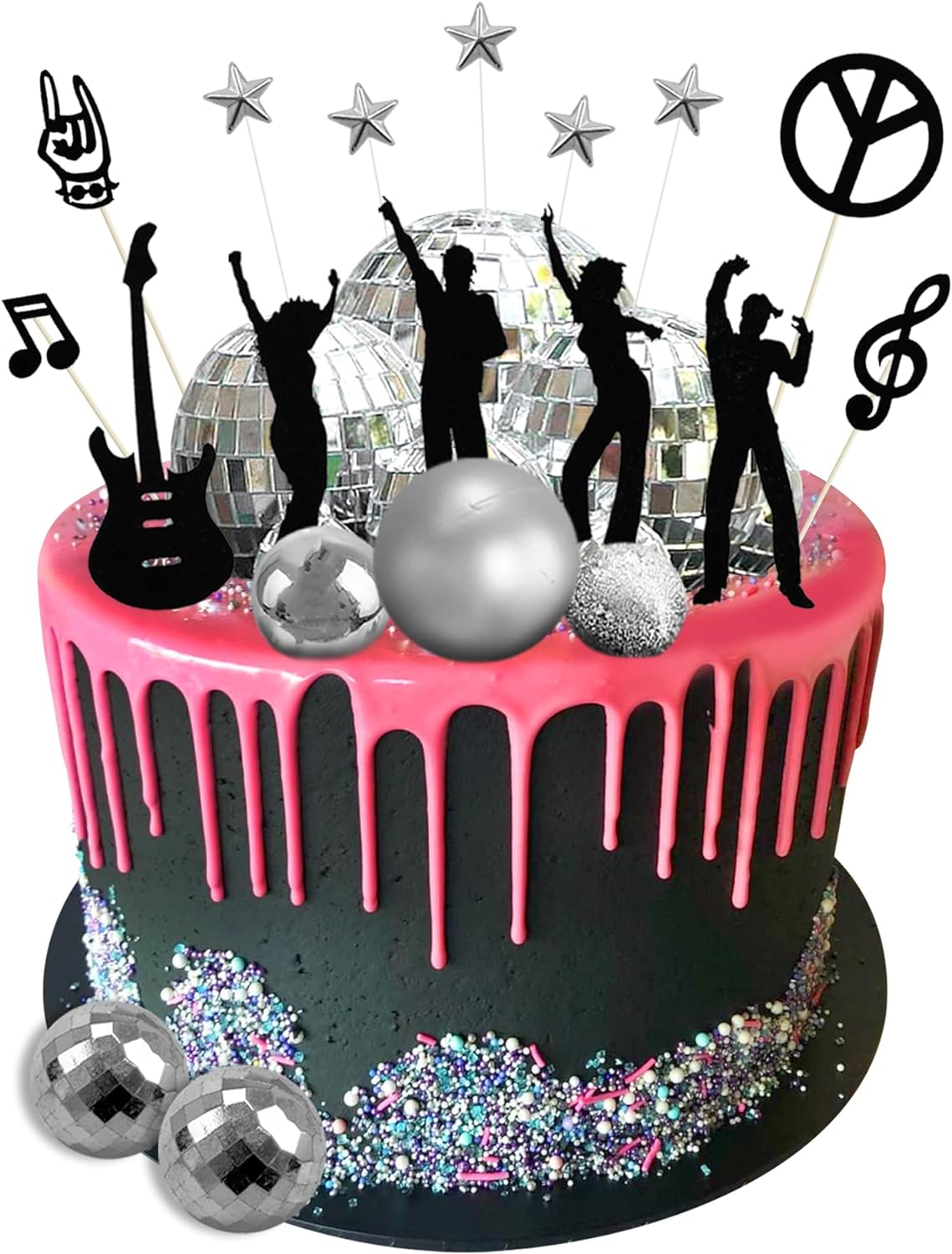 28PCS Disco Balls Cake Toppers 70s 80s Instrument Silhouette Cupcake Toppers Gold Sliver Balls Decorations for Disco Theme Party 70s 80s Disco Cake Men Women Fever Dance Birthday Party Supplies