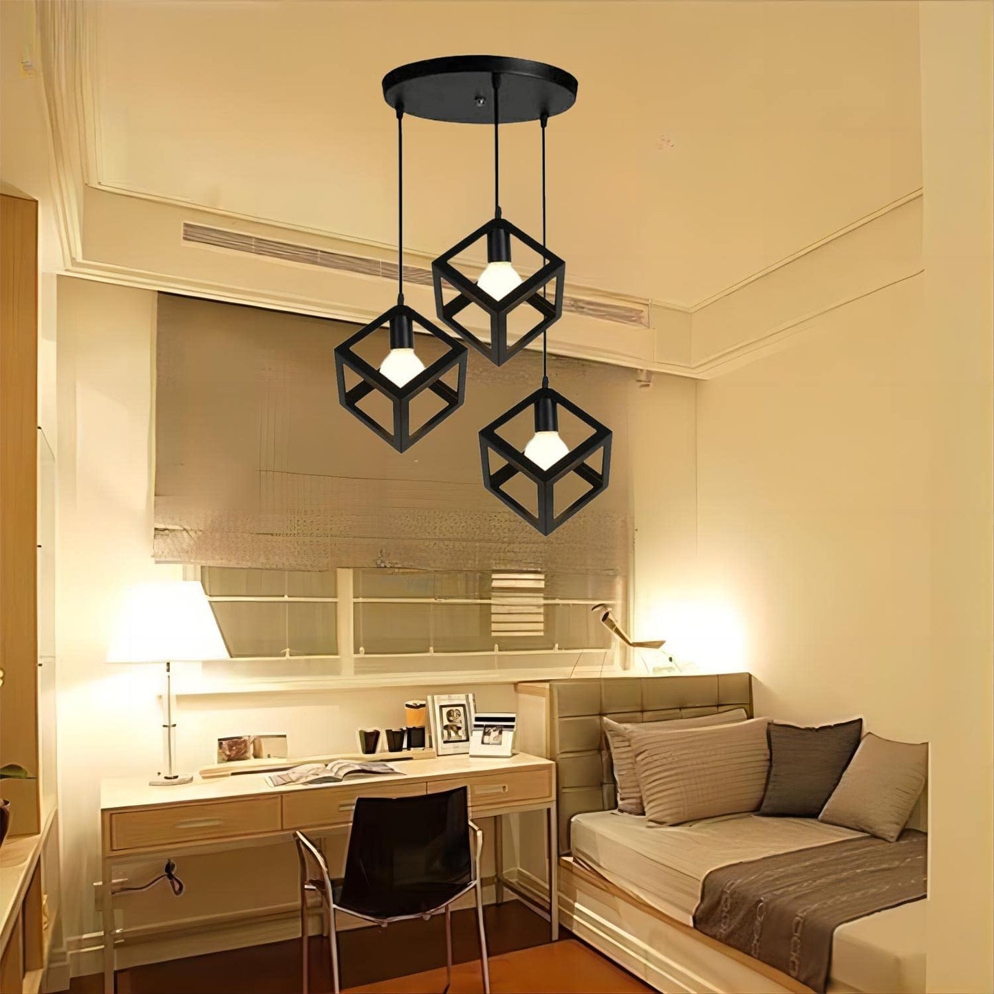 HUA QIANG WANG Industrial Pendant Light, 3-Light Vintage Black Ceiling Lamp, Adjustable Height Hanging Chandelier Lighting Fixture for Kitchen Island Living Room Dining Room Bedroom