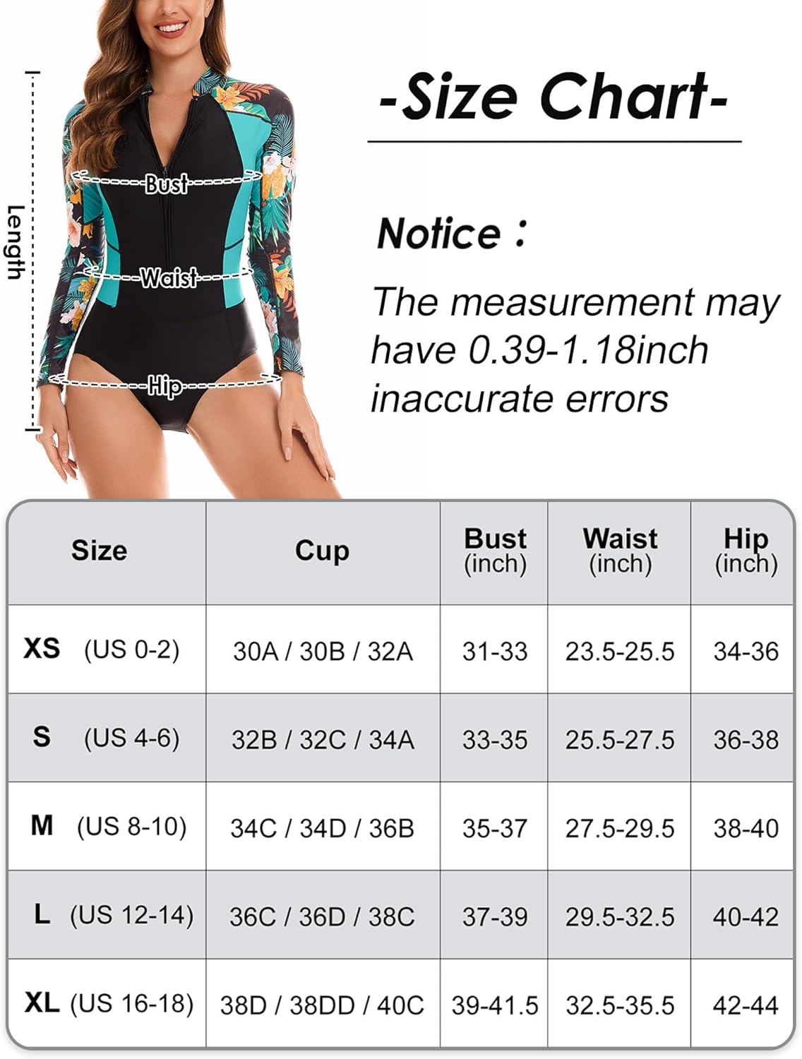 Maeau Women's Long Sleeve Rash Guard UV Protection Zipper Printed Surfing One Piece Swimsuit Bathing Suit