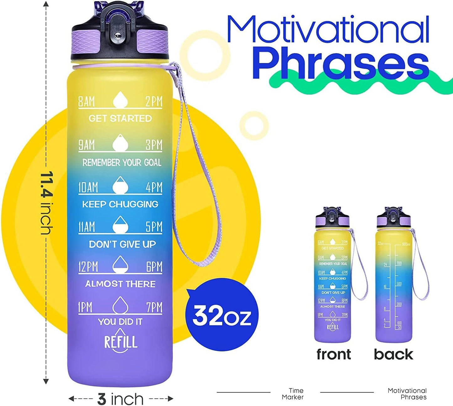 Illys Plastic Water Bottle, 1L / 32oz with Motivational Time Marker (Multi colour)