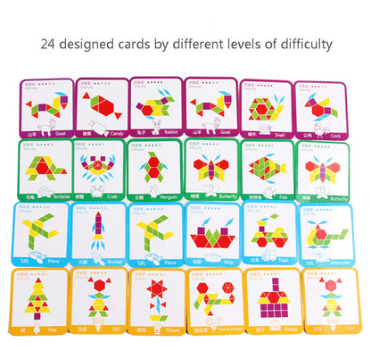 GEMEM Kid's Wooden Pattern Geometric Shape Puzzle Educational Tangram Toys- 155 Pieces (Ages 4-8 with 24 Pieces Design Cards)