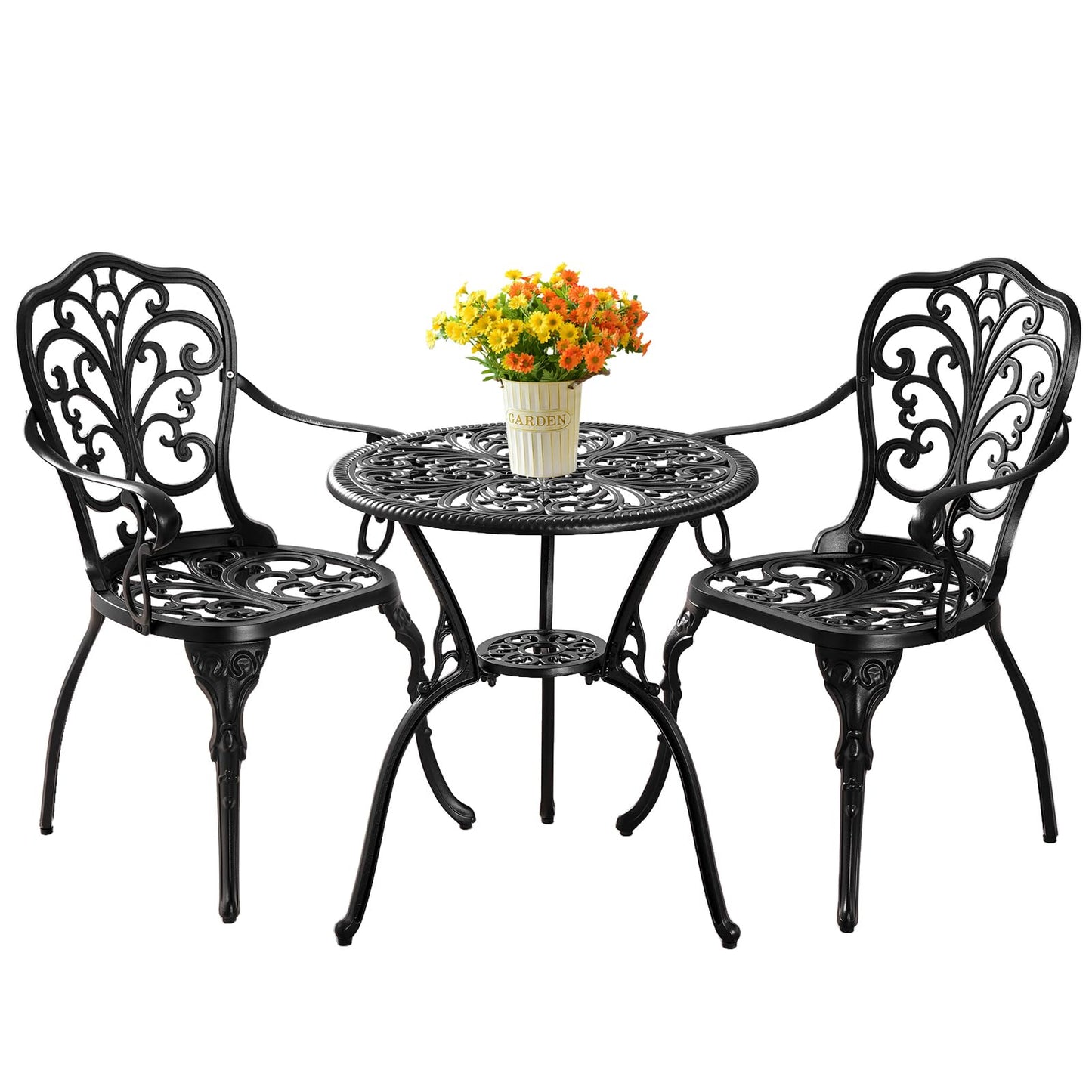 Withniture Bistro Table and Chairs Set of 2 Outdoor 3 Piece Bistro Sets Cast Aluminum Patio Bistro Set with Umbrella Hole, Patio Set for Garden, Black