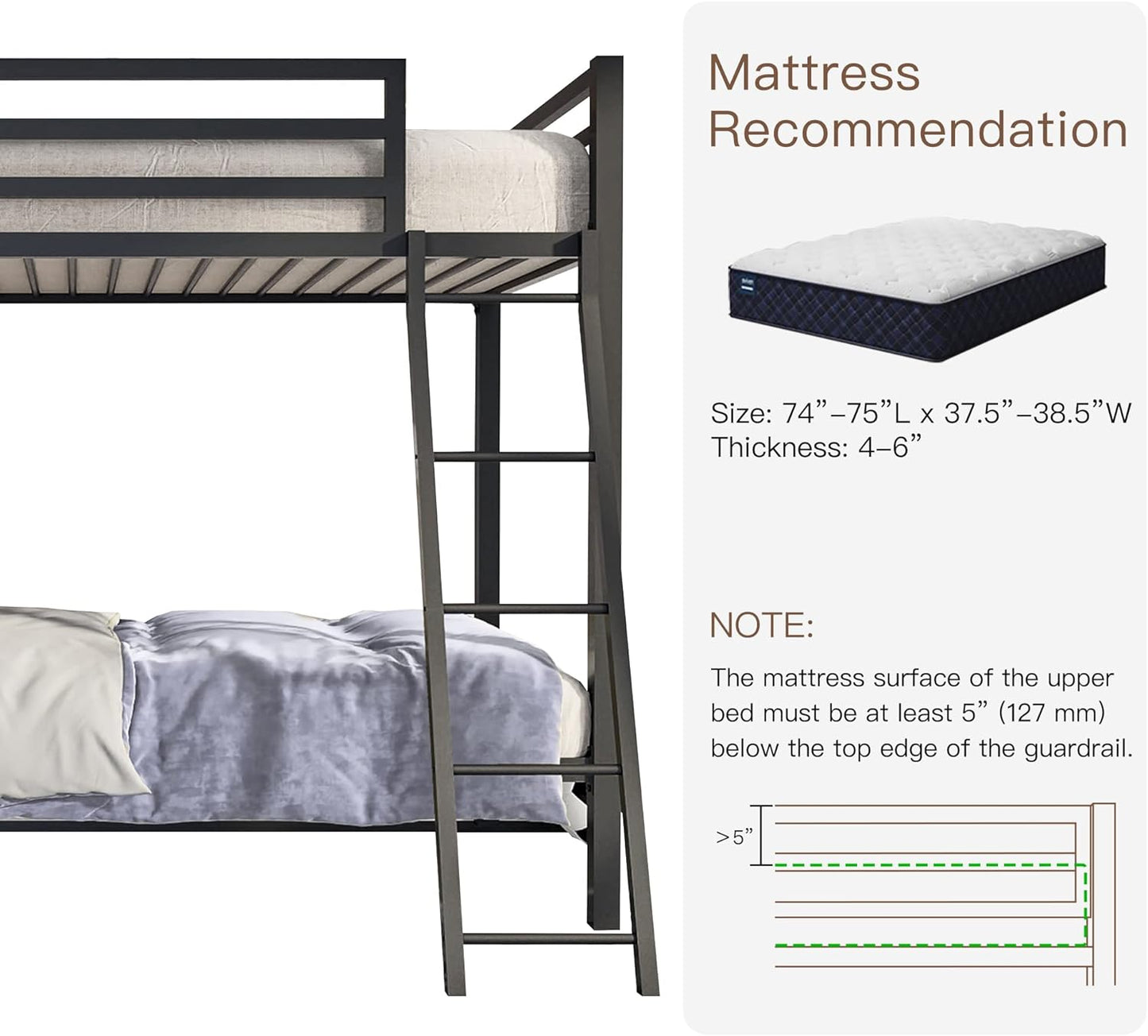 ikalido Metal Bunk Bed Twin Over Twin Size, Heavy Duty Twin Bunk Beds with Safety 14" Guard Rail & Sturdy Inclined Ladder, Space-Saving/No Box Spring Needed/Matte Black