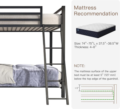 ikalido Metal Bunk Bed Twin Over Twin Size, Heavy Duty Twin Bunk Beds with Safety 14" Guard Rail & Sturdy Inclined Ladder, Space-Saving/No Box Spring Needed/Matte Black