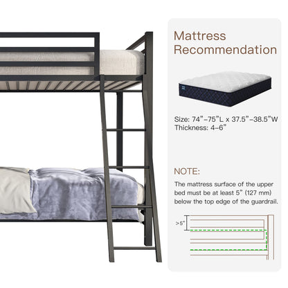 ikalido Metal Bunk Bed Twin Over Twin Size, Heavy Duty Twin Bunk Beds with Safety 14" Guard Rail & Sturdy Inclined Ladder, Space-Saving/No Box Spring Needed/Matte Black