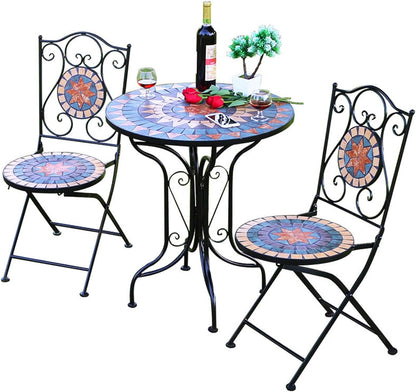 Mosaic Patio Bistro Set, Iron Outdoor Garden Furniture Set, 1 Round Table, 2 Chairs, Balcony Furniture Set for Terrace, Pool