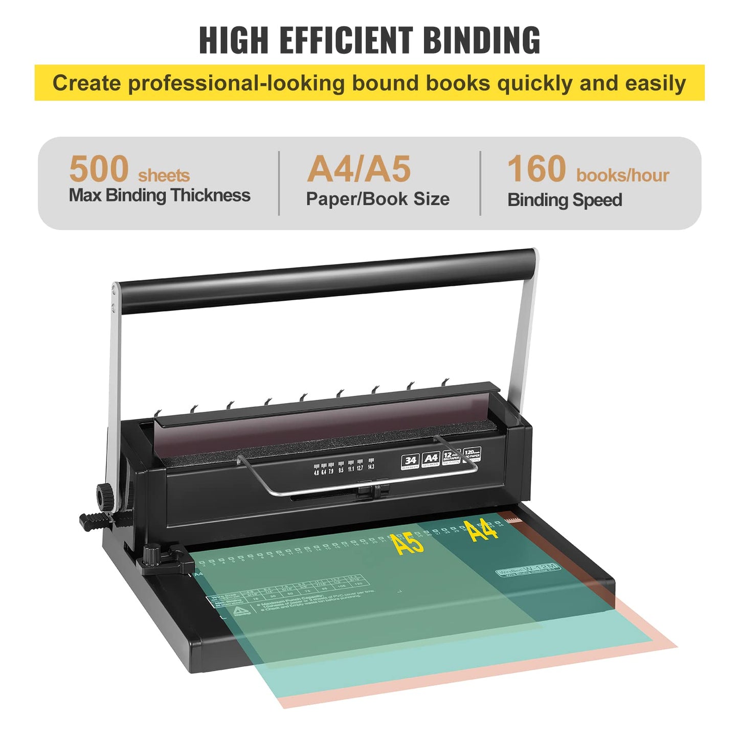 VEVOR 34 Holes Manual Coil Binding Machine TD-130 Book Binding Machine Spiral Coil Paper Puncher Wire Punching Binder Insert 34 Holes 120 Sheet of A4 Papers black