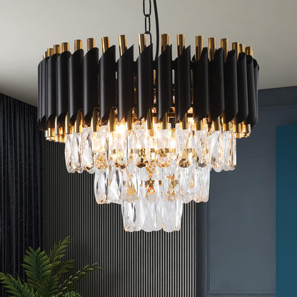 Modern Crystal Chandeliers Gold Black Crystal Chandeliers 3-Tier Round Crystal Chandelier Ceiling Light Fixture Crystal Pendant Light Fixture for Dining Room Living Room Bedroom Foyer Hallway W15.7"