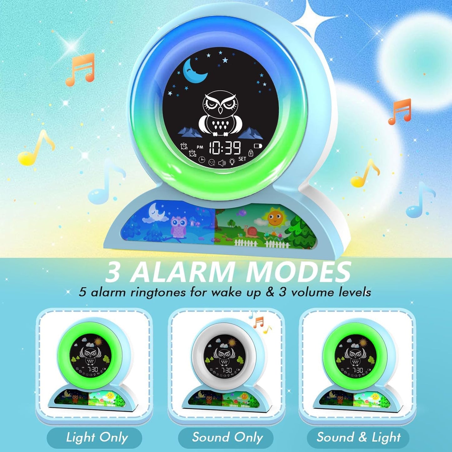 Angju Alarm Clock for Kids, Toddlers Sleep Training Clock with Night Light, Sound Machine & Night Light, Multifunctional Cute Digital Wake Up Clock for Boy and Girl Bedrooms, Birthday Gift