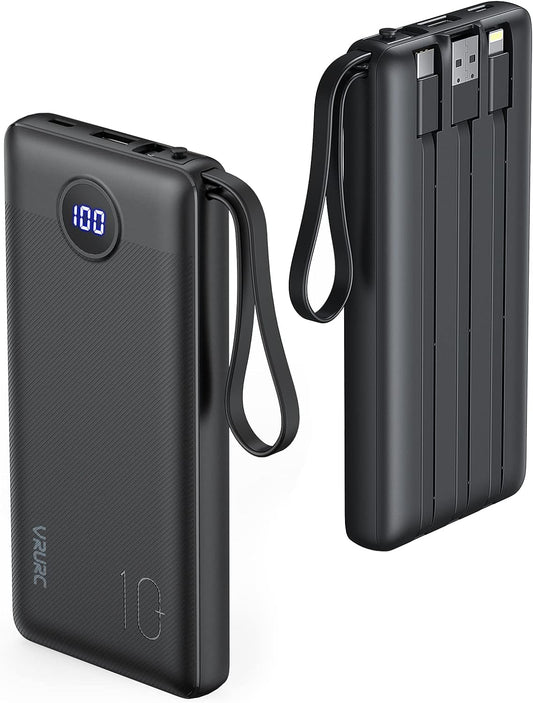 VRURC Power Bank 10000mAh with Built in Cables,VRURC USB C slim Portable Charger 5 Output & 2 Input LED Display External Battery Pack Chargers Compatible with iPhone,Samsung Cell Phones