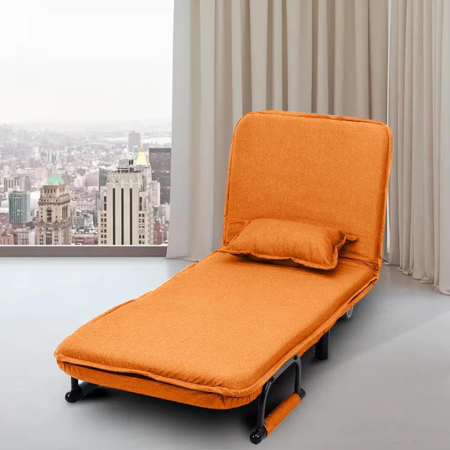 Convertible Chair Bed, Tri-Fold Sofa Bed with Adjustable Backrest & Pillow, Leisure Chaise Lounge Couch with Sturdy Steel Frame for Home & Office, Comfortable Sleeper Chair (65 * 190cm) (Orange)