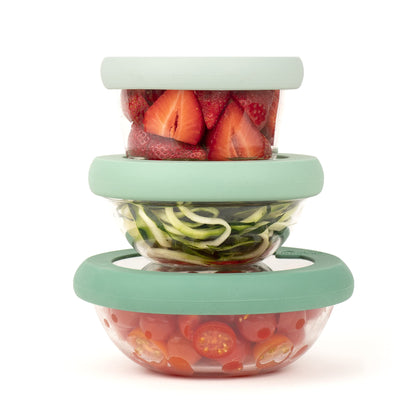 Food Huggers Flexible, Stackable,Eco-Friendly, Patented, Glass & Silicone Bowl Lids - Dishwasher Safe - Plastic Free, Set of three, Gradual Green, Extra Small, Small and Medium (XS,S,M)