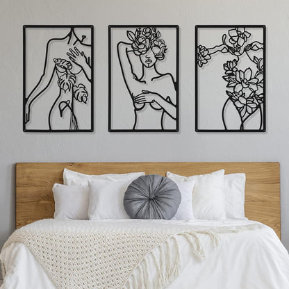 CHENGU 3 Pieces Metal Minimalist Abstract Woman Wall Art Line Drawing Wall Art Decor Single Line Female Home Hanging Wall Art Decor for Kitchen Bathroom Living Room (Black, Hand)