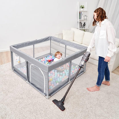 PandaEar Baby Playpen, Large Baby Playpen for Toddlers, Sturdy Baby Play Yards with Soft Breathable Mesh, Indoor & Outdoor Kids Activity for Infant Safety (50"×50")-LightGrey