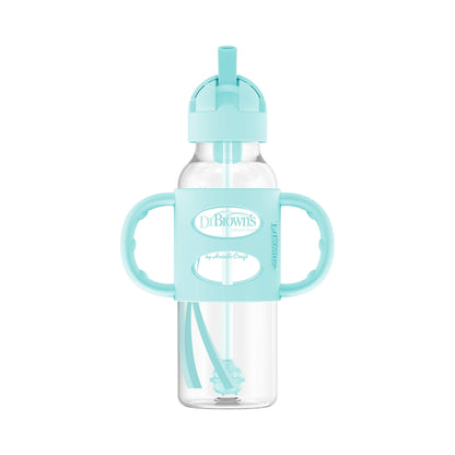 Dr. Brown’s® Milestones™ Narrow Sippy Straw Bottle with 100% Silicone Handles, 8oz/250mL, Gray & Blue, 2 Pack, 6m+