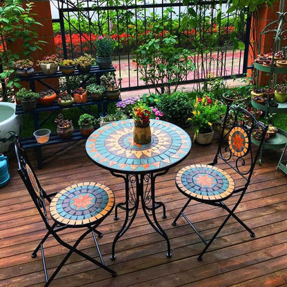 Mosaic Patio Bistro Set, Iron Outdoor Garden Furniture Set, 1 Round Table, 2 Chairs, Balcony Furniture Set for Terrace, Pool