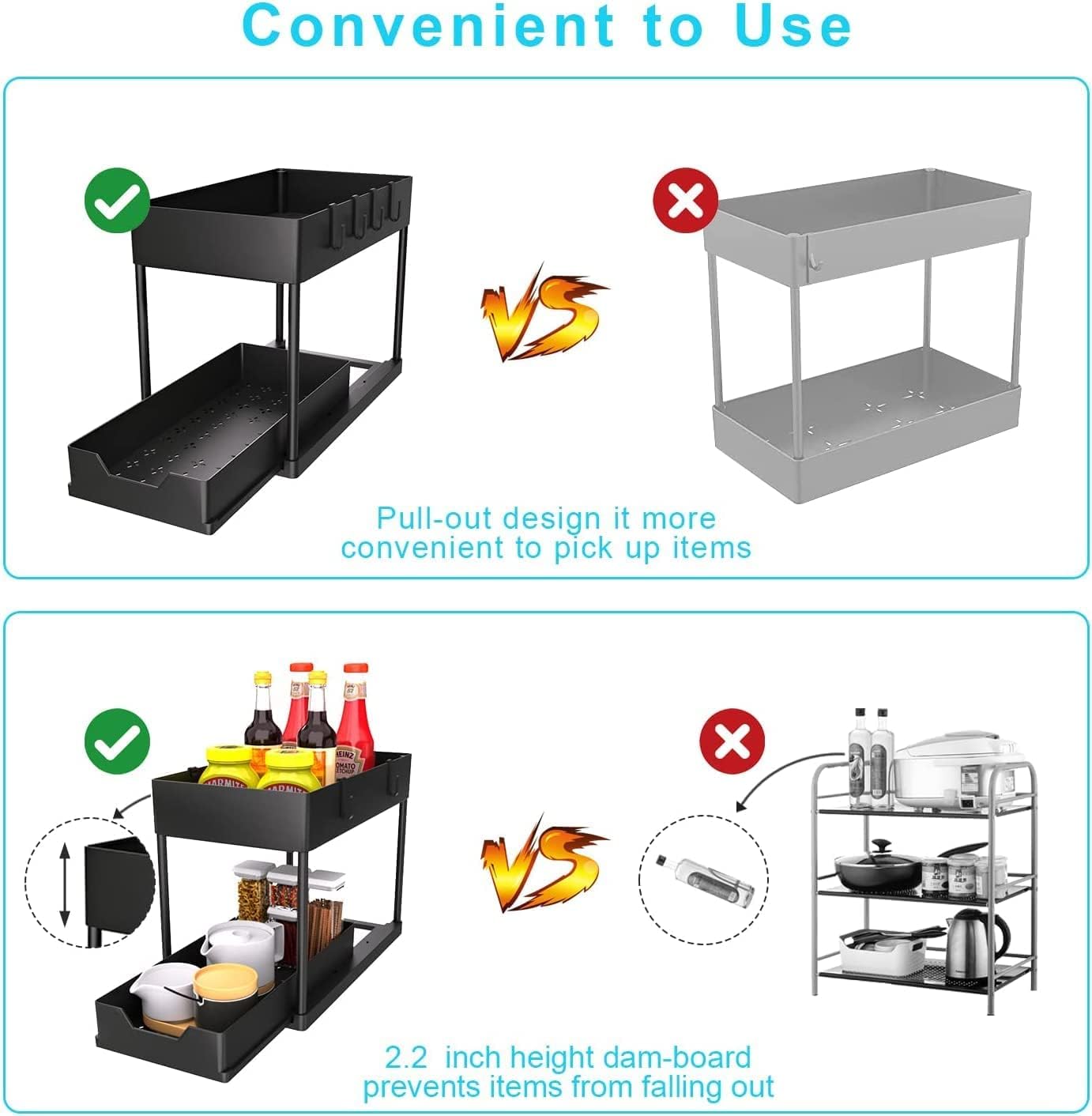 TAPIT Under Sink Organizers and Storage Pull Out Sliding Drawer, 2 Tier Multi-Purpose Kitchen Under The Sink Organizer with 4 Hooks Under Bathroom Sink Shelf Storage Rack for Countertop Laundry -White