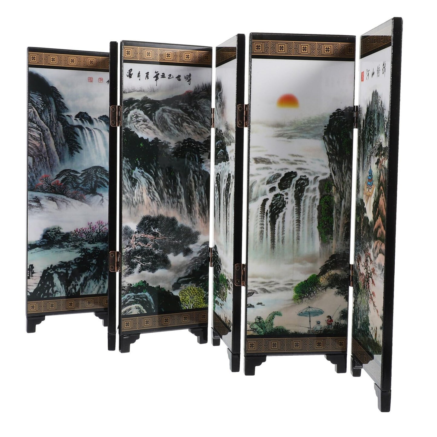 Alipis Mini Folding Screen 5 Panel Divider Antique Chinese Lacquerware Small Desktop Folding Screen for Home Office Decoration