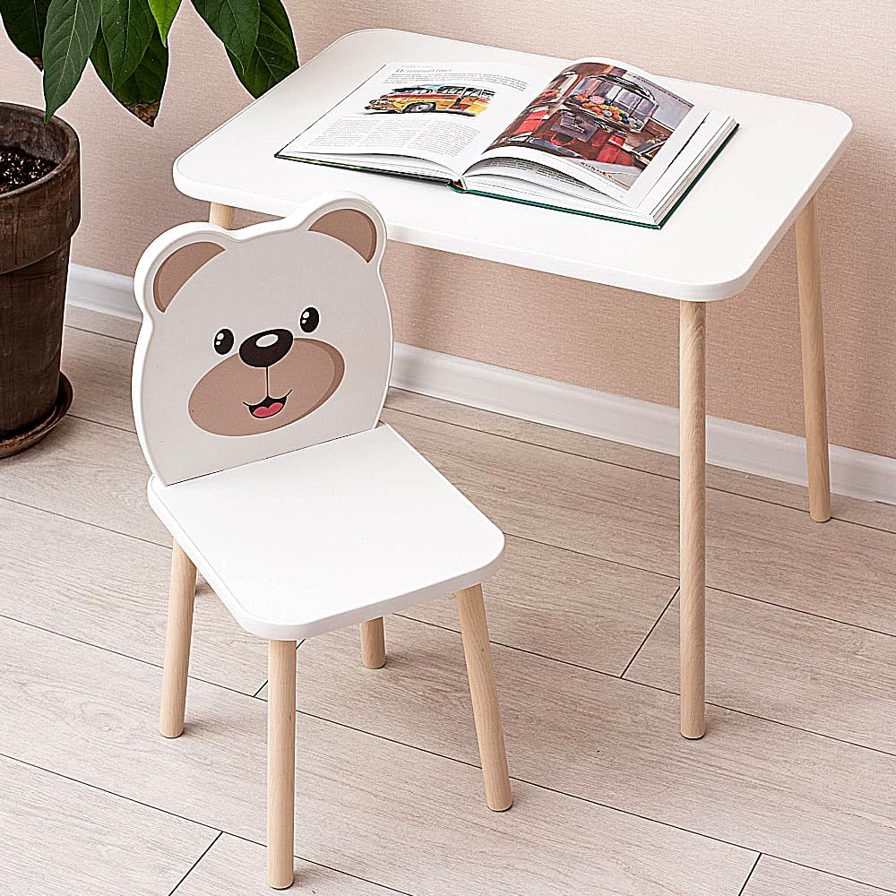 135- Kids Wooden Table and Chair Set Kids Play Table with 1 Chair 1 Pieces Kids Round Table for Toddler Girls Boys White Kids Furniture for Kids Room Classroom White