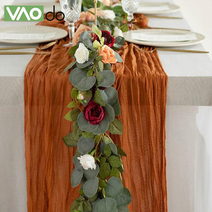 VAODO Table Runner, 90*300cm Gauze Table Runner, Bohemian Style Rustic Decorations, Cheese Cloth Pleated Table Runner for Wedding, Party, Baby Shower Table Decoration,Red