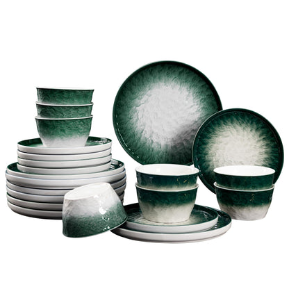 Techplus Set of 12 Ombre Green Ceramic Plates and Bowls – 10-Inch & 8-Inch Plates, 5-Inch Bowls – Microwave, Dishwasher, Oven Safe – Elegant Gradient Tableware for Dining & Serving