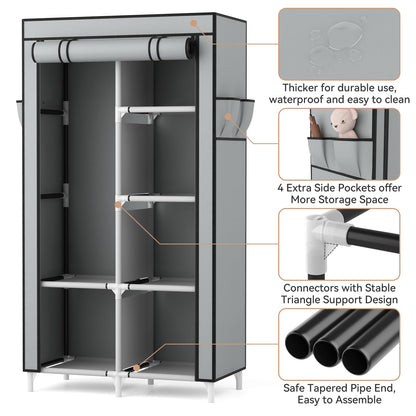 ROJASOP Portable Closet Wardrobe Closet for Hanging Clothes with 6 Storage Shelves, 1 Hanging Rod and 4 Pockets, Free Standing Closet Clothes Organizer for Bedroom, Sturdy and Easy Assemble