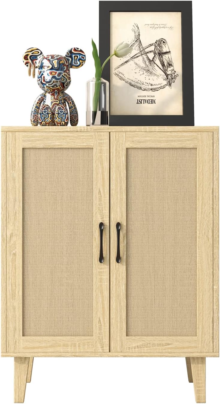 Panana Buffet Cabinet Sideboard with Rattan Decorated Doors Kitchen Storage Cupboard Accent Cabinet (White)