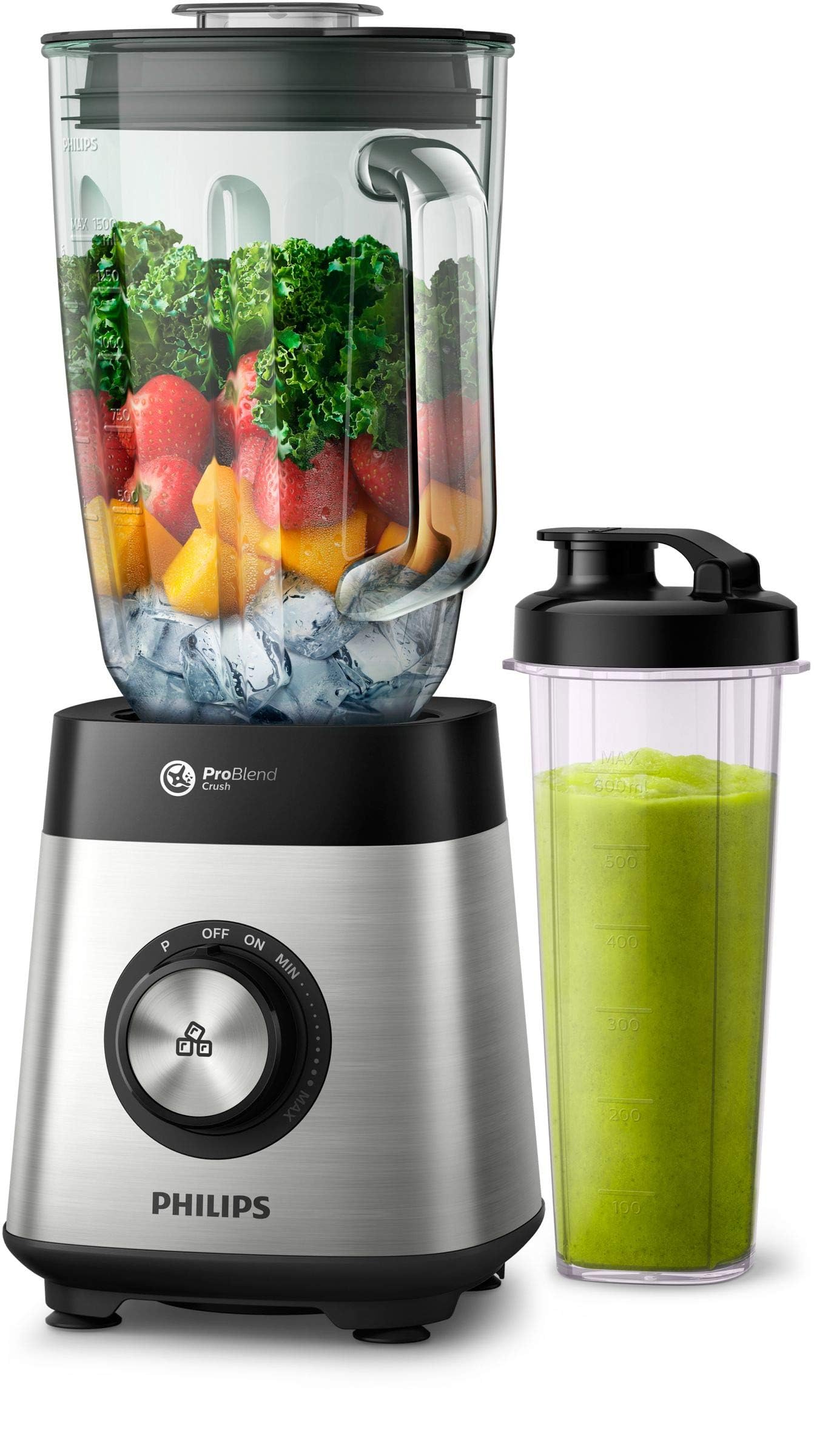 PHILIPS Series 5000 Blender, Metallic, 1000W metal, variable speed, 2l glass jar, 1 tumbler, problend 6, pulse button HR3573/91. 2 years warranty