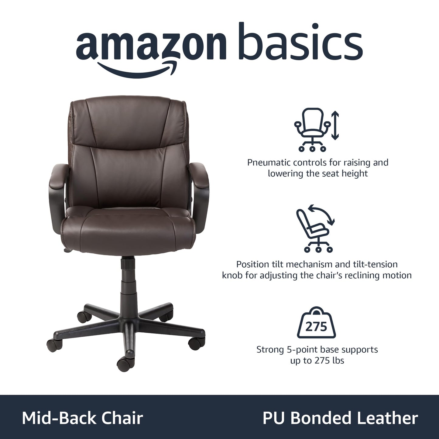 Amazon Basics Padded Office Desk Chair with Armrests, Adjustable Height/Tilt, 360-Degree Swivel, 275Lb Capacity - Dark Brown